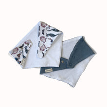 Load image into Gallery viewer, Set of 2 GOTS certified organic jersey cotton bibs, one patterned, one plain, in gender neutral colours