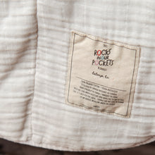 Load image into Gallery viewer, closeup of rocks in our pockets newborn blanket name label
