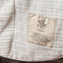 Load image into Gallery viewer, closeup of rocks in our pockets newborn blanket name label
