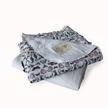 Load image into Gallery viewer, 2 white organic cotton baby quilt receiving blankets with moth, butterfly, shell and seahorse print
