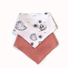 Load image into Gallery viewer, Set of 2 GOTS certified organic jersey cotton bibs, one patterned, one plain, in gender neutral colours
