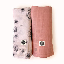 Load image into Gallery viewer, pack of 2 baby muslin swaddle cloths in GOTS certified organic cotton. One printed swaddle, one plain, in gender neutral colours
