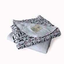 Load image into Gallery viewer, 2 white organic cotton baby quilt receiving blankets with moth, butterfly, shell and seahorse print
